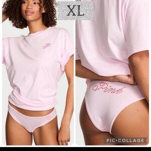 PINK VS Cotton Side-Slit Tee & Panty Set pink red candy cane logo sz XL